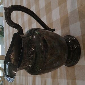 Vintage William Rogers Oneida silver plate water pitcher heavy patina 9" tall x8